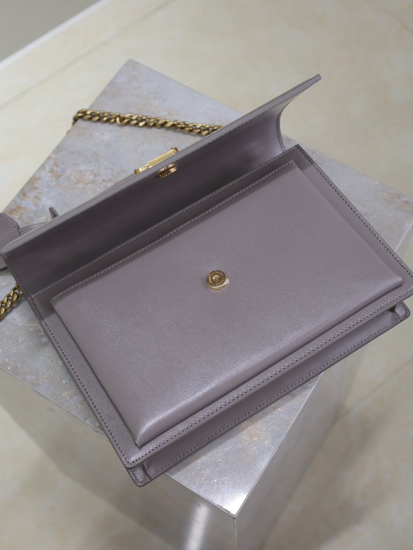 YSL 25S SUNSET MM 25 IN GRAYISH PURPLE CALFSKIN GOLD HARDWRE