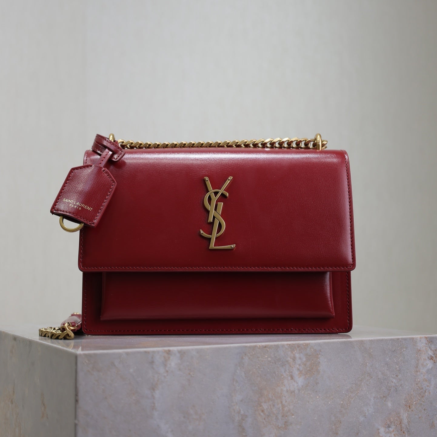 YSL 25S SUNSET BAG 22 IN CRIMSON RED CALFSKIN GOLD HARDWRE