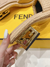 FENDI FFOLD MEDIUM-HEEL SANDALS 45 MM IN TUSCAN BEIGE COTTON FIBRE