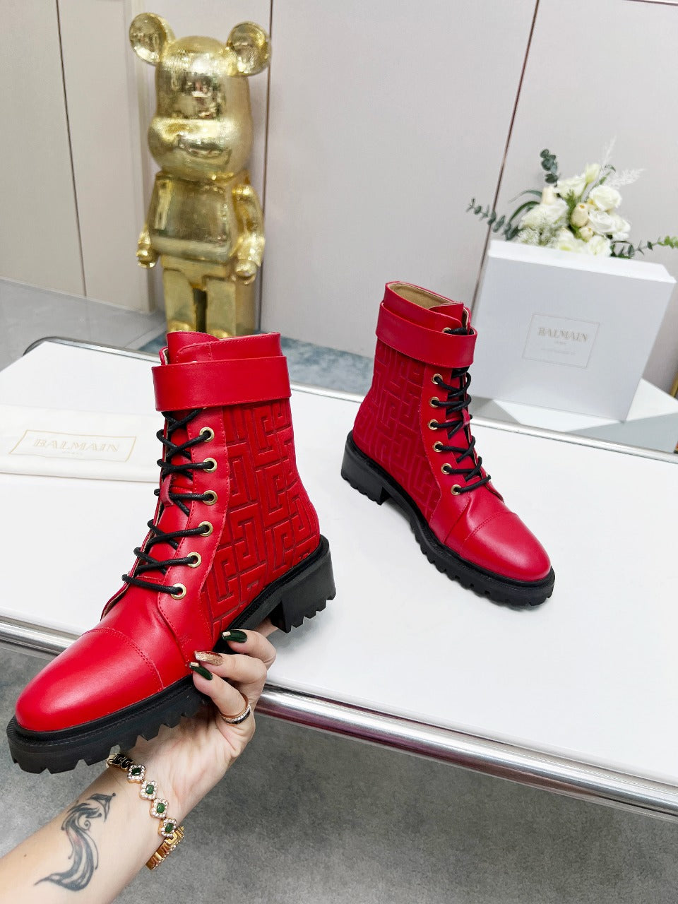 BALMAIN 26S BOOTS IN RED CALFSKIN AND SUEDE