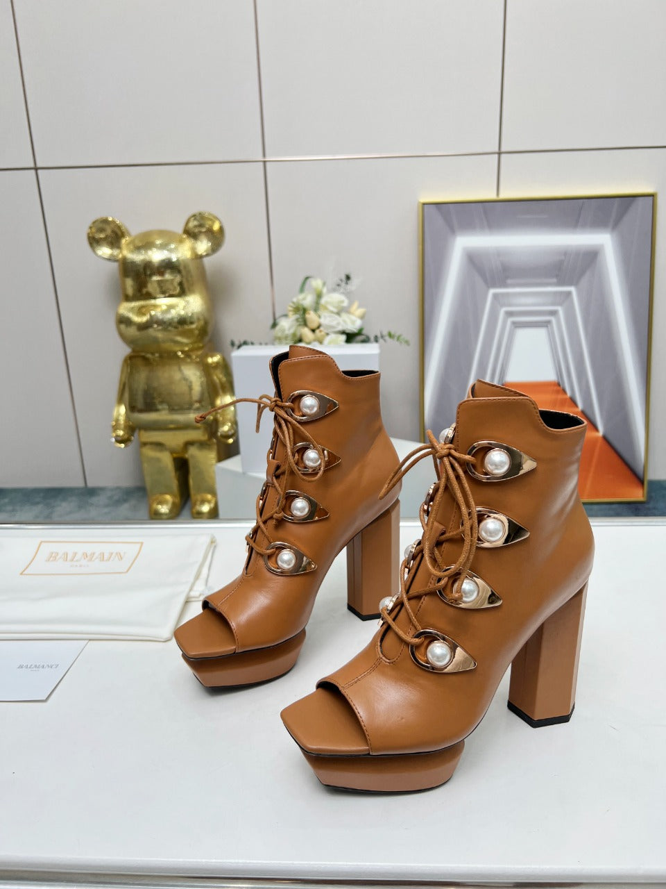 BALMAIN 26S OPEN-TOE BOOTS 115 MM IN BROWN CALFSKIN PEARL-EMBELLISHED
