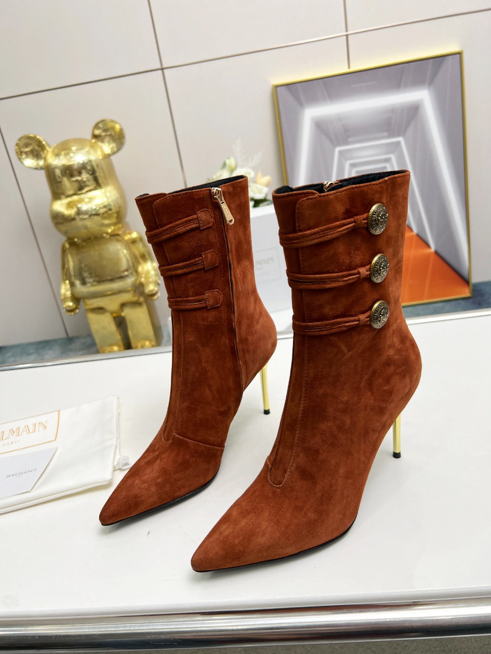 BALMAIN 26S HIGH-HEEL BOOTS 95 MM IN BROWN SUEDE